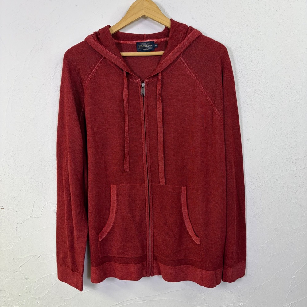 Pendleton Full Zip Hoodie Sweater Mens XL Red Merino Wool Casual Gorpcore